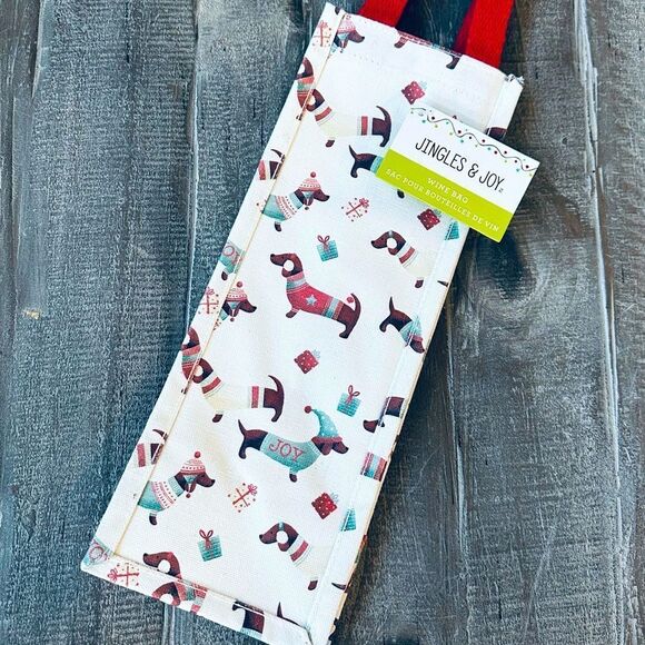 Christmas Dachshund Dog Canvas Holiday Wine Bottle Gift Bag Holder - Picture 1 of 2